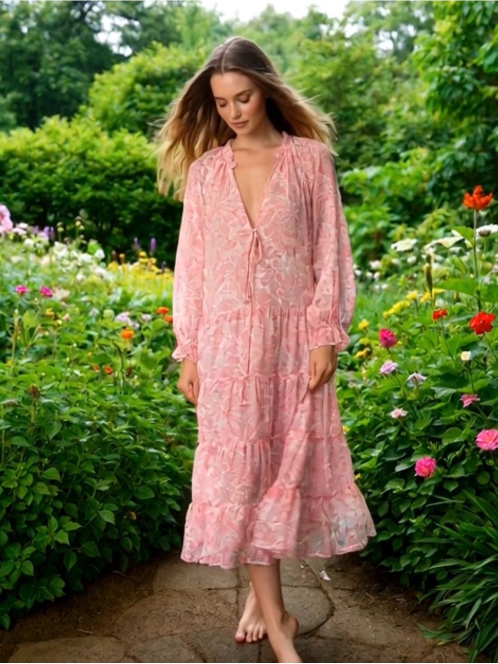 Alice + Olivia Pink Floral Tiered Midi Dress